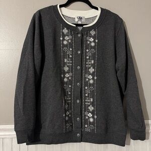 C&K designs Christmas Button Up Sweatshirt Large Gray with White Embroidery